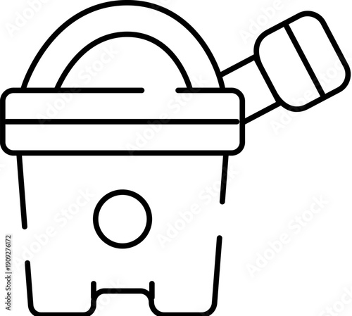 Sand bucket and shovel outline icon evoking childhood beach and sandbox play, summer fun and creativity for kids, minimalist line art on white background for web and app use
