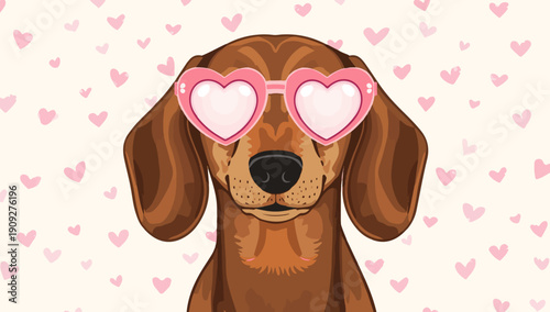 Vector illustration of an adorable dachshund with a smooth, brown coat and a sweet expression, wearing trendy love-heart shaped sunglasses with vibrant