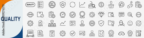 Quality control and assurance icons set, line symbols for premium standard certification check mark and business excellence vector illustration