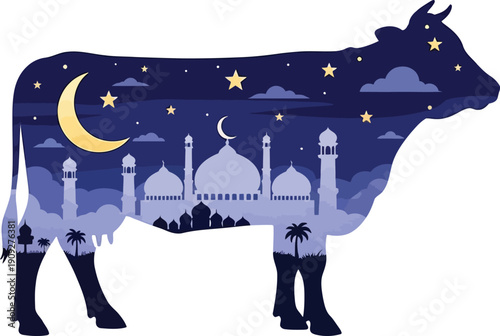 Islamic Eid al-Adha cow silhouette, double exposure mosque with crescent moon and stars, blue night sky sacrificial animal vector