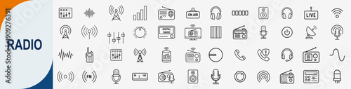 Radio and broadcasting icons set, line symbols for podcast audio transmission communication and music media technology vector illustration