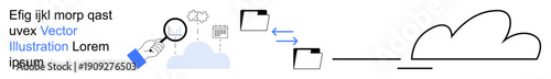 Cloud computing, file transfer, data storage, information search, digital organization, connectivity. Image of file icons, magnifying glass and cloud. Cloud computing and file transfer visualization