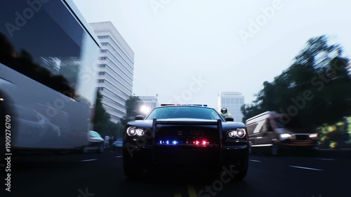 An police driving fast on a city street. Realistic 4k animation.