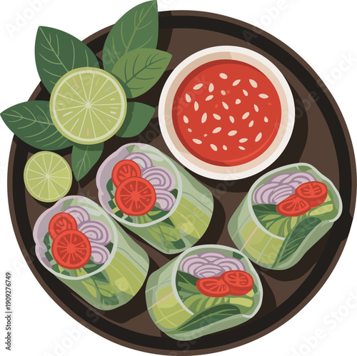 Vietnamese spring rolls with dipping sauce food vector on white background.