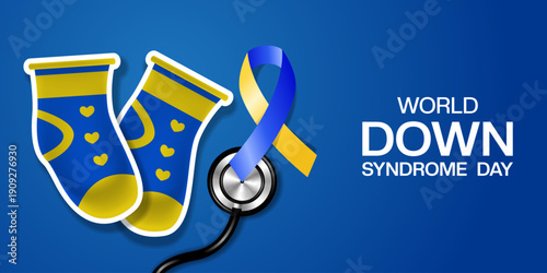 World Down Syndrome Day. Shoes, stethoscope and ribbon. Great for cards, banners, posters, social media and more. Blue background.