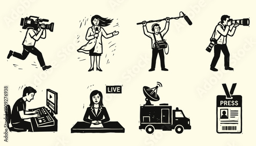 Retro Woodcut Icons of News Production Team and Journalism Professionals