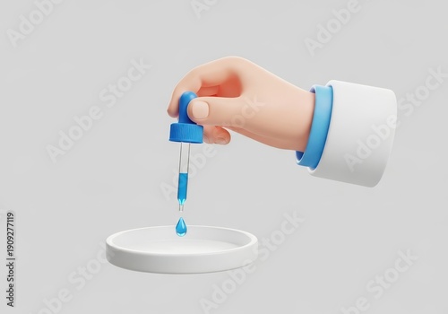 Cartoon hand with dropper dispensing blue liquid into petri dish pipette 3D