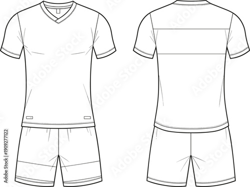 Mens v neck t shirt and shorts technical flat sketch showing front and back views for sportswear apparel template design
