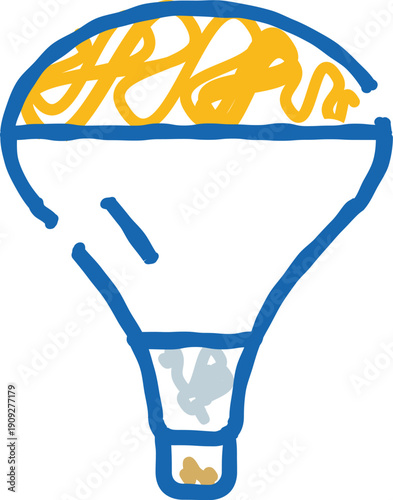 Abstract doodle illustration depicting a funnel filtering incoming data, symbolizing the strategic process of refining concepts, generating ideas, and achieving innovation within business contexts