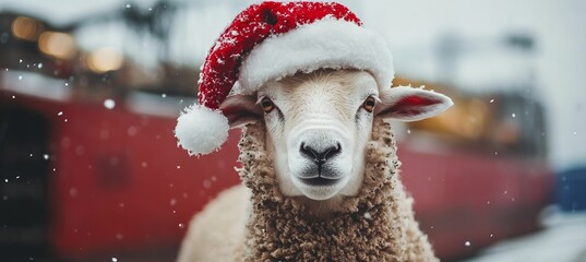 Festive Holiday Photo of Sheep Wearing Santa Hat by the Ship, Celebrating Christmas Marine Themes