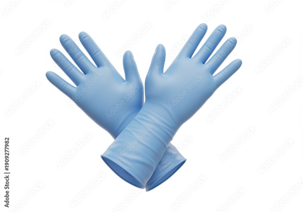 Fototapeta premium Pair of Light Blue Disposable Medical Gloves Crossed on 3D White Background disposable gloves