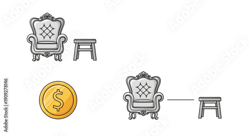 Luxury armchair and stool with gold coin, representing wealth and comfort