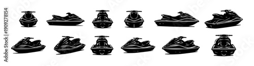 Jet Ski Personal Watercraft Silhouette Icon Set in 12 Angles, Black and White Vector Style