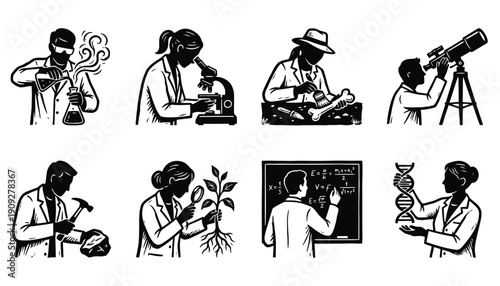 Black and White Illustration Set of Scientists Engaged in Various Disciplines
