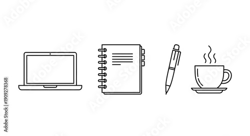 Minimalist Icons: Laptop, Notebook, Pen, and Coffee Cup on White Background