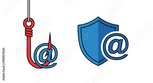 Email security illustration showing a fishing hook with an email symbol and a shield protecting an email address from cyber threats and online scams