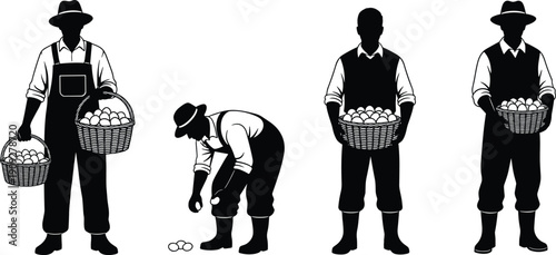 Professional Vector Silhouettes of Farmers Harvesting Organic Eggs and Carrying Wicker Baskets Set on an Isolated White Background for Agriculture