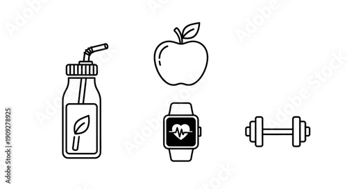 Healthy Lifestyle Icons: Apple, Water Bottle, Smartwatch, Dumbbell
