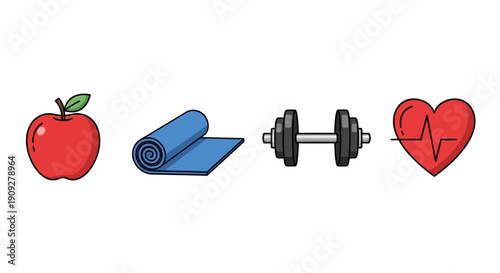 Healthy Lifestyle Icons: Apple, Yoga Mat, Dumbbell, Heartbeat
