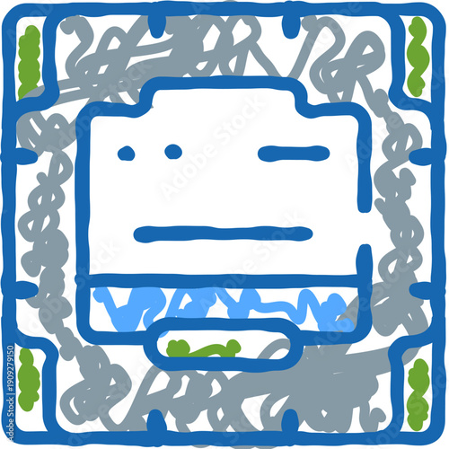 Drawing portraying a stylized electronic chip or microchip, representing the core of modern technology, computing power, and digital systems in a square frame