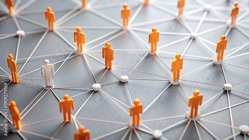 A network of connected people standing on a web of lines and nodes