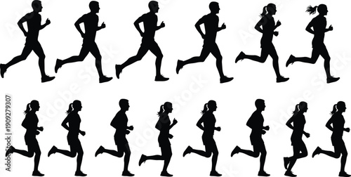 Running Silhouettes Set of Men and Women Jogging in Motion Group of People Exercising for Fitness Health and Active Lifestyle