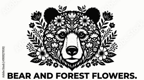 bear face integrated with forest flower elements in bold ornamental tattoo design illustration expressing artistic mystical nature symbol aesthetic decorative ink concept with strong detailed linework