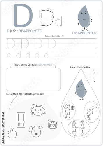 Letter D Emotion Worksheet – Disappointed Feeling Alphabet Learning Activity