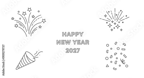 Happy New Year 2027 Celebration Icons: Fireworks, Confetti, Party Popper
