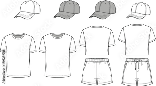 Sportswear outfit technical flat sketches including baseball cap t shirt and shorts front and back views for fashion design template