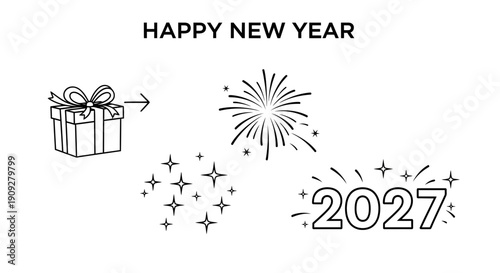 Happy New Year 2027 Celebration with Gift Box and Fireworks - Black and White Doodle