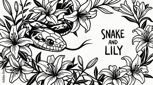 snake face intertwined with lily floral composition in intricate ornamental tattoo design illustration expressing artistic mystical nature symbol aesthetic decorative ink concept