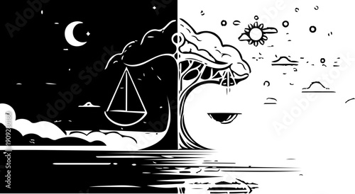 The balance between day and night, growth and decay, represented by scales and a tree