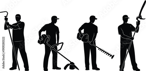 Gardener and landscaper silhouette icon set, black flat vector workers using gardening tools for lawn care, landscaping services and outdoor maintenance design