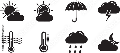 Weather Icon Set – Sun, Cloud, Rain, Lightning, Umbrella