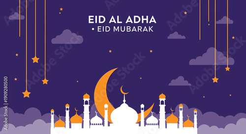 Happy Eid Adha Mubarak Greetings, Muslim people greet each other and shake hands. Celebrate Eid al-Fitr concept illustration