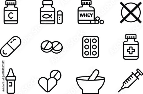 Medical supplement and pharmacy line icon set showing vitamins, pills, capsules, whey protein, syringe, mortar and pestle, and healthcare symbols in outline vector style