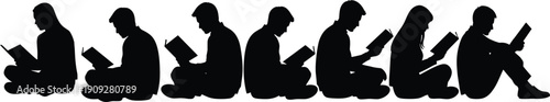 Silhouette of a diverse group of people sitting and reading books in a row for education literacy and library concept
