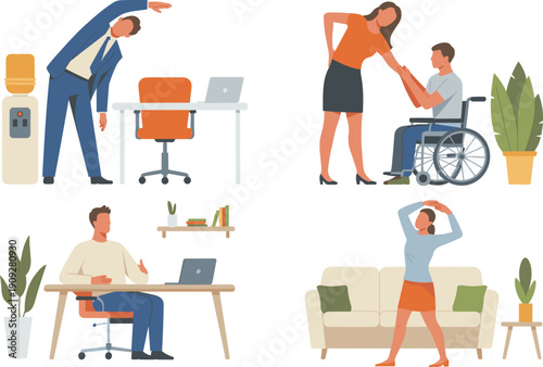 Office and Home Stretching Exercises Illustration Set Featuring Workplace Wellness, Ergonomic Breaks, Inclusive Support and Healthy Lifestyle Activities in Modern Flat Style