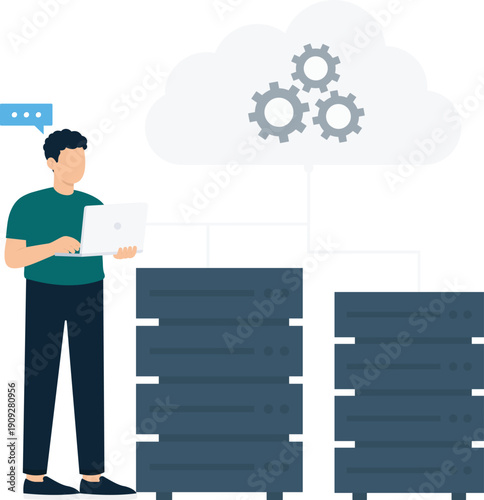 Computer user troubleshooting internet connection network failure digital problem wireless signal issue technical support flat design concept