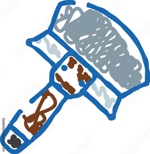 Paint brush tool with brown handle and blue outline making an abstract gray and brown stroke, symbolizing art, craft, creativity, diy and playful artistic expression on white background