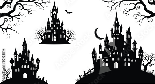 Spooky Halloween Haunted Castle Silhouette Set with Creepy Dead Trees Bats and Graveyard Elements Isolated on White Background for Vector Design