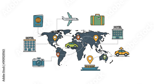 Global travel and transportation concept illustration with world map.
