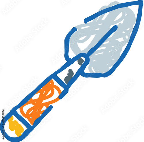 Simple freehand doodle of a gardening hand trowel with an orange handle and gray blade on a clean white background, sketch style icon for garden and planting concepts