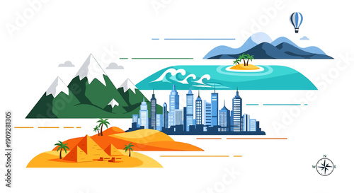 Diverse Travel Destinations Represented by Islands Mountains Cityscape and Desert.