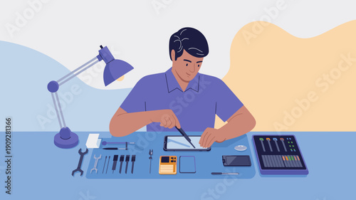 Technician repairing smartphone at workstation with precision tools and repair kit vector illustration