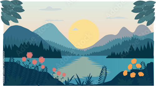 Stylized mountain landscape with lake and sunrise