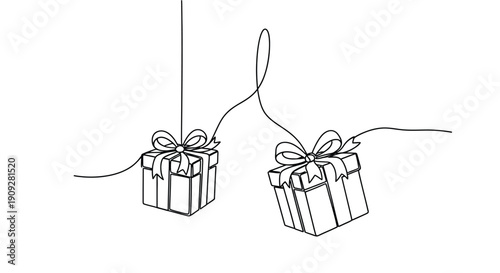 Continuous line art of two hanging gift boxes with bows