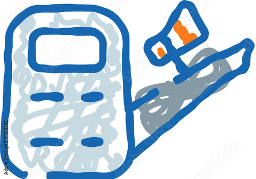 Hand drawn style blue outline illustrating a portable device with a speaker emitting sound waves, symbolizing audio communication, signal transmission, and electronic broadcasting technology