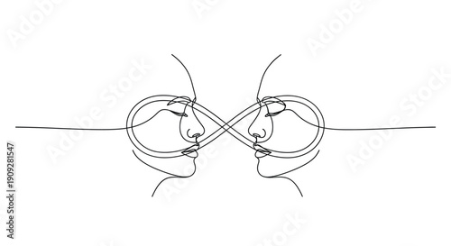 Infinity symbol connecting two abstract faces, line art
